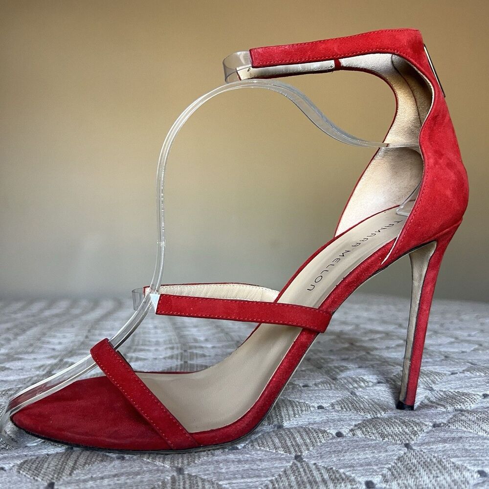 Tamara Mellon Reverse Frontline Red Suede Heeled Sandals Women EU 42 US 10.5‎
